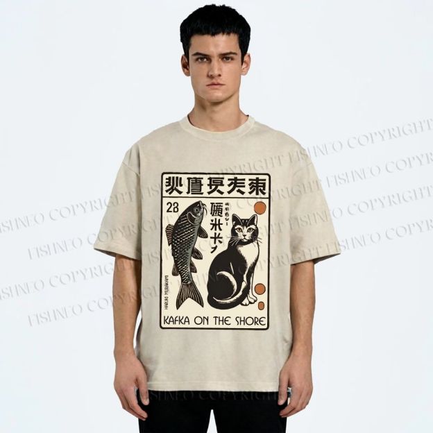 Unisex Vintage Cat With Fish Printed Washed Tee