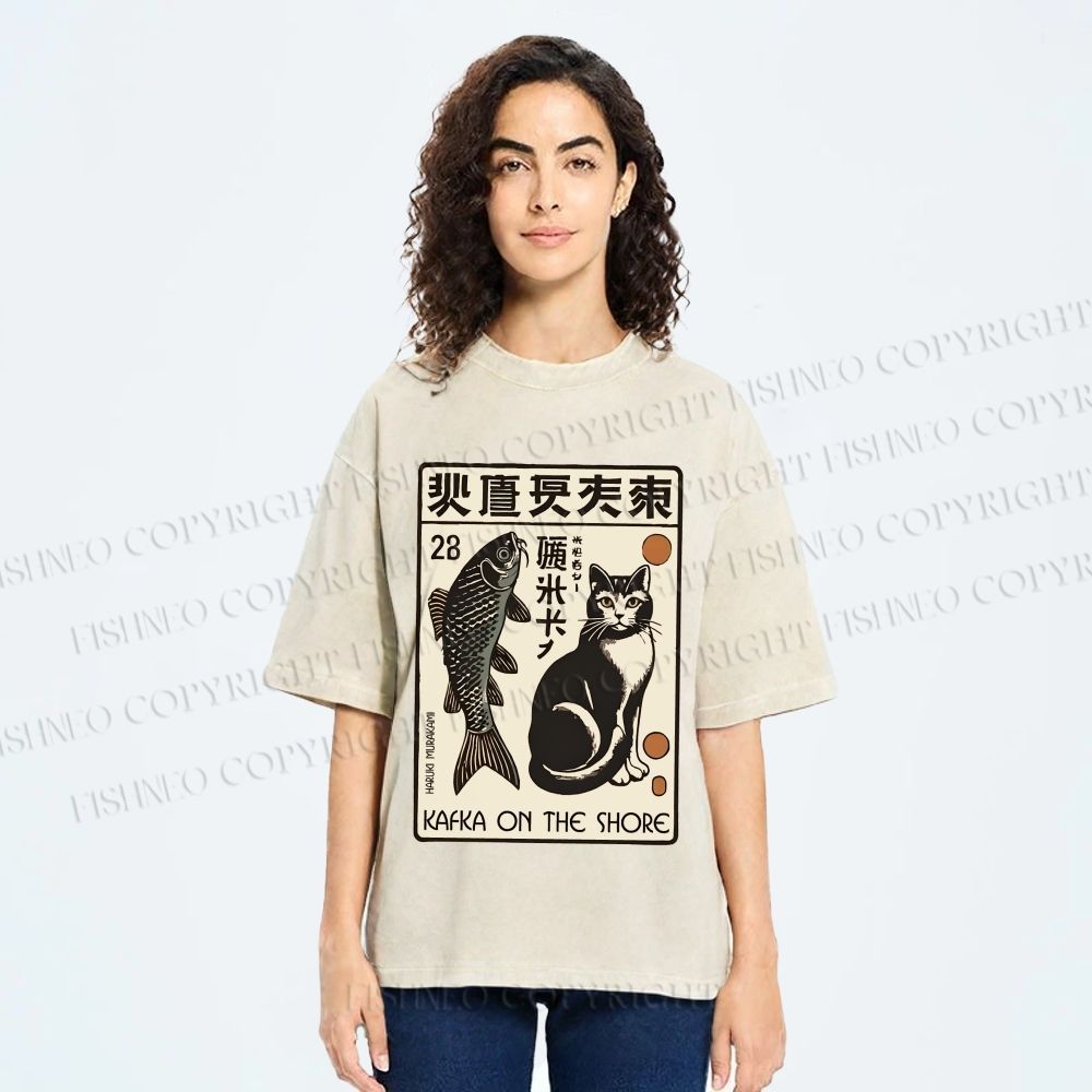 Unisex Vintage Cat With Fish Printed Washed Tee