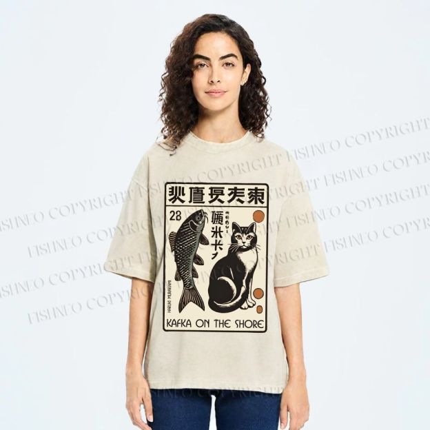 Unisex Vintage Cat With Fish Printed Washed Tee
