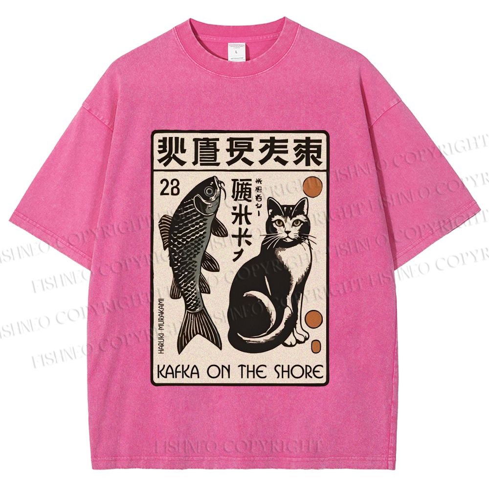 Unisex Vintage Cat With Fish Printed Washed Tee