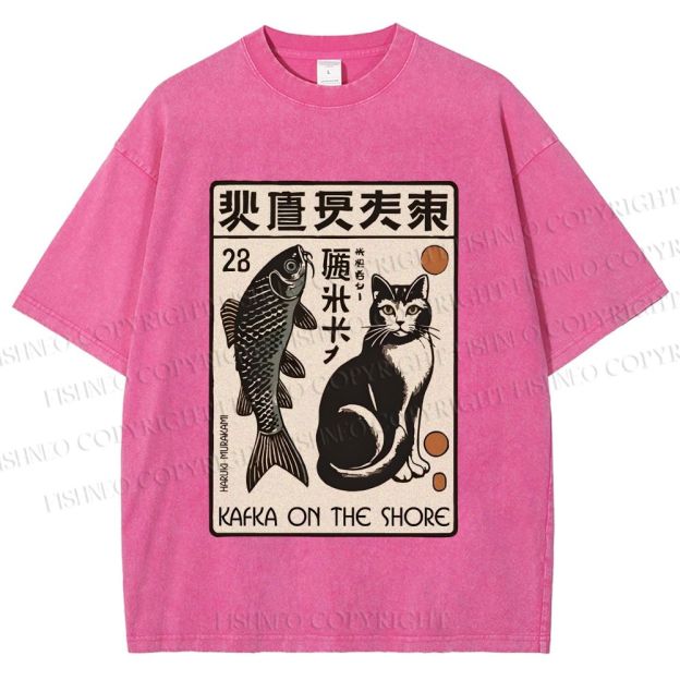 Unisex Vintage Cat With Fish Printed Washed Tee