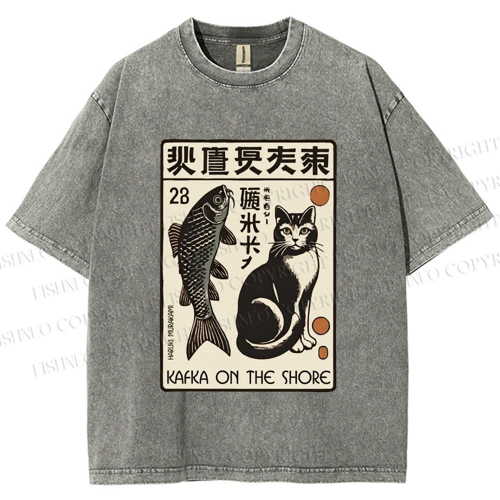 Unisex Vintage Cat With Fish Printed Washed Tee
