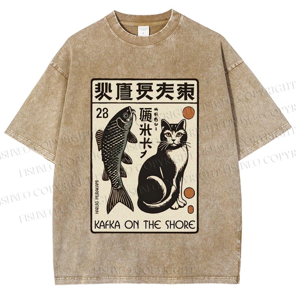 Unisex Vintage Cat With Fish Printed Washed Tee