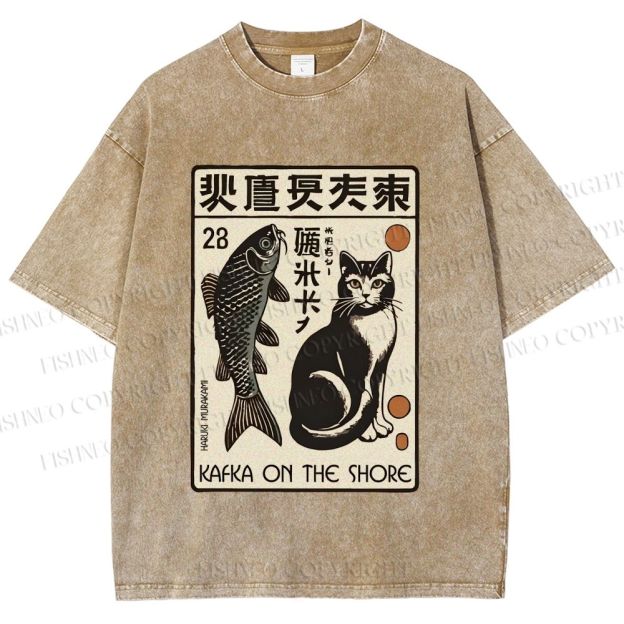 Unisex Vintage Cat With Fish Printed Washed Tee