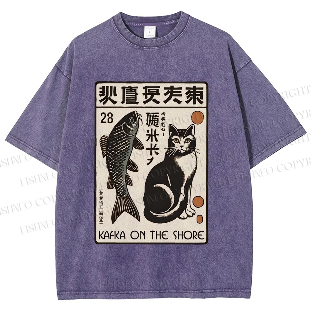 Unisex Vintage Cat With Fish Printed Washed Tee