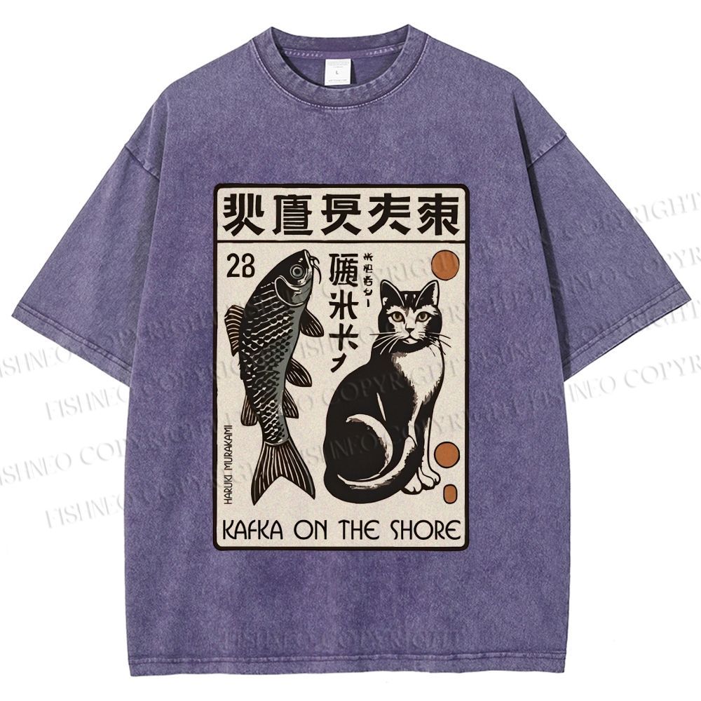 Unisex Vintage Cat With Fish Printed Washed Tee