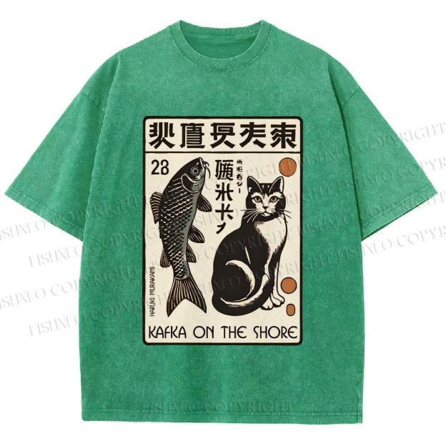 Unisex Vintage Cat With Fish Printed Washed Tee