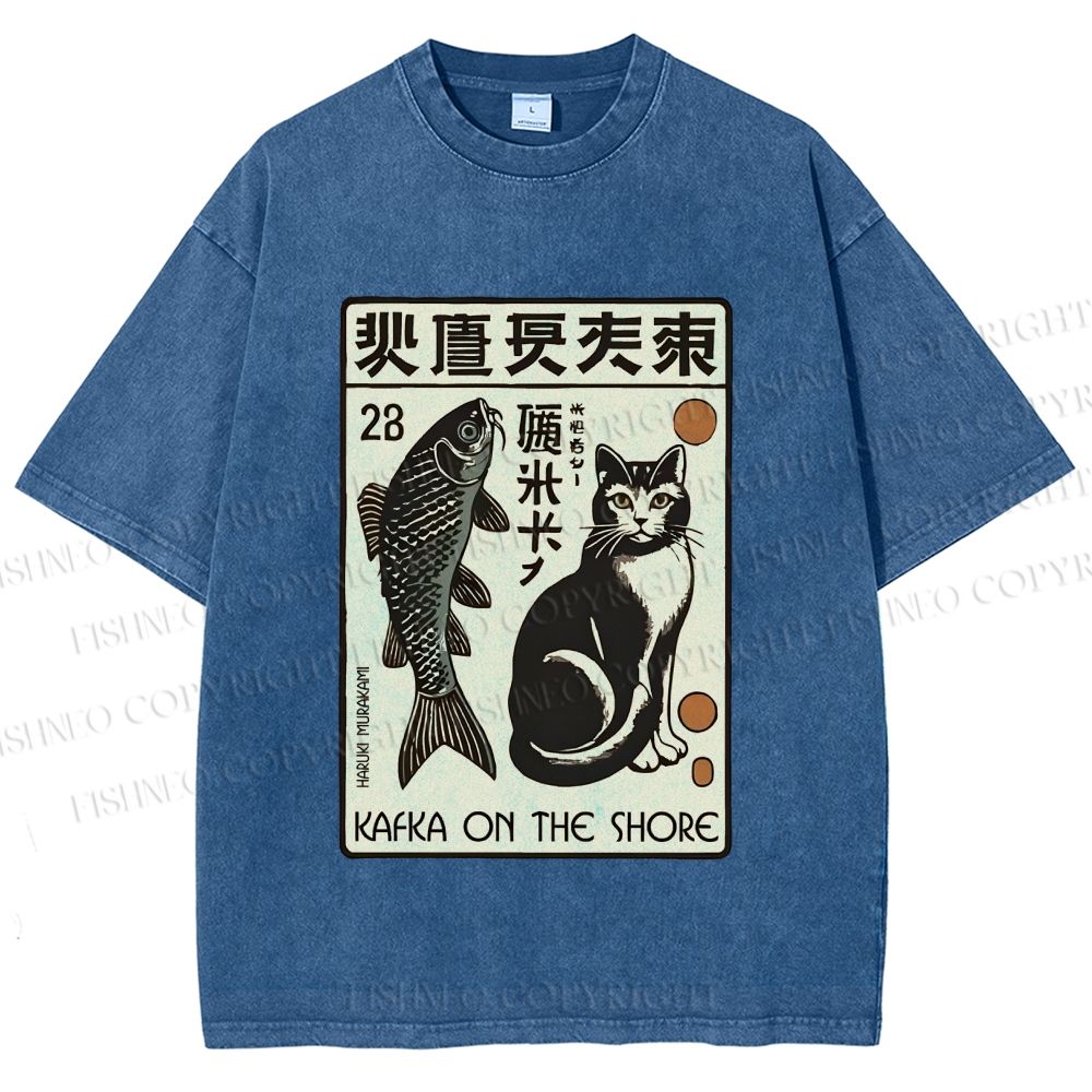 Unisex Vintage Cat With Fish Printed Washed Tee