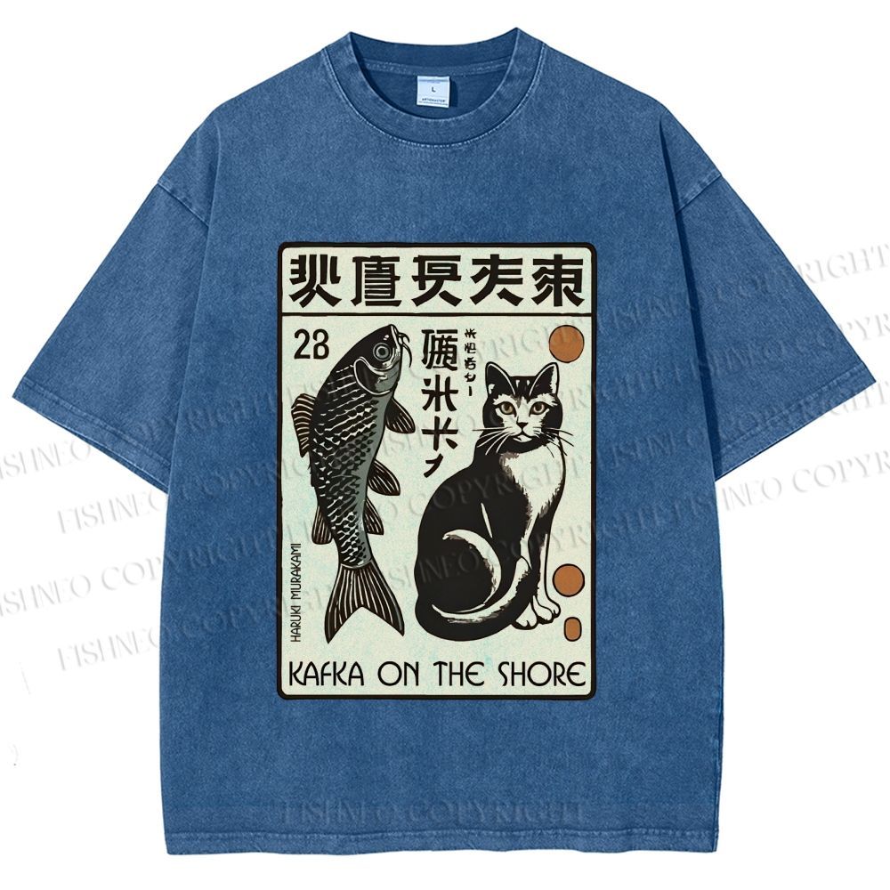 Unisex Vintage Cat With Fish Printed Washed Tee