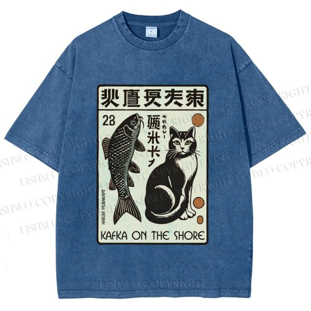 Unisex Vintage Cat With Fish Printed Washed Tee