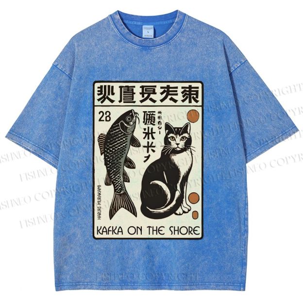 Unisex Vintage Cat With Fish Printed Washed Tee