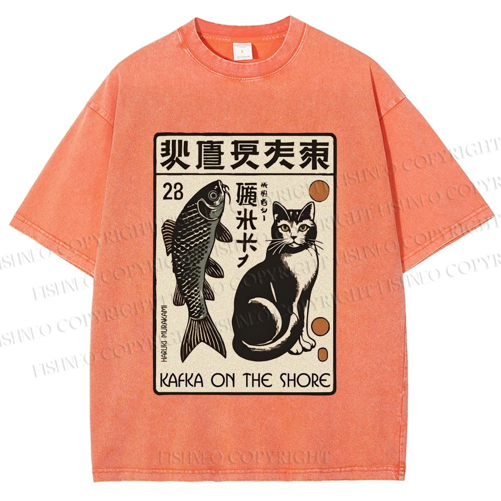 Unisex Vintage Cat With Fish Printed Washed Tee