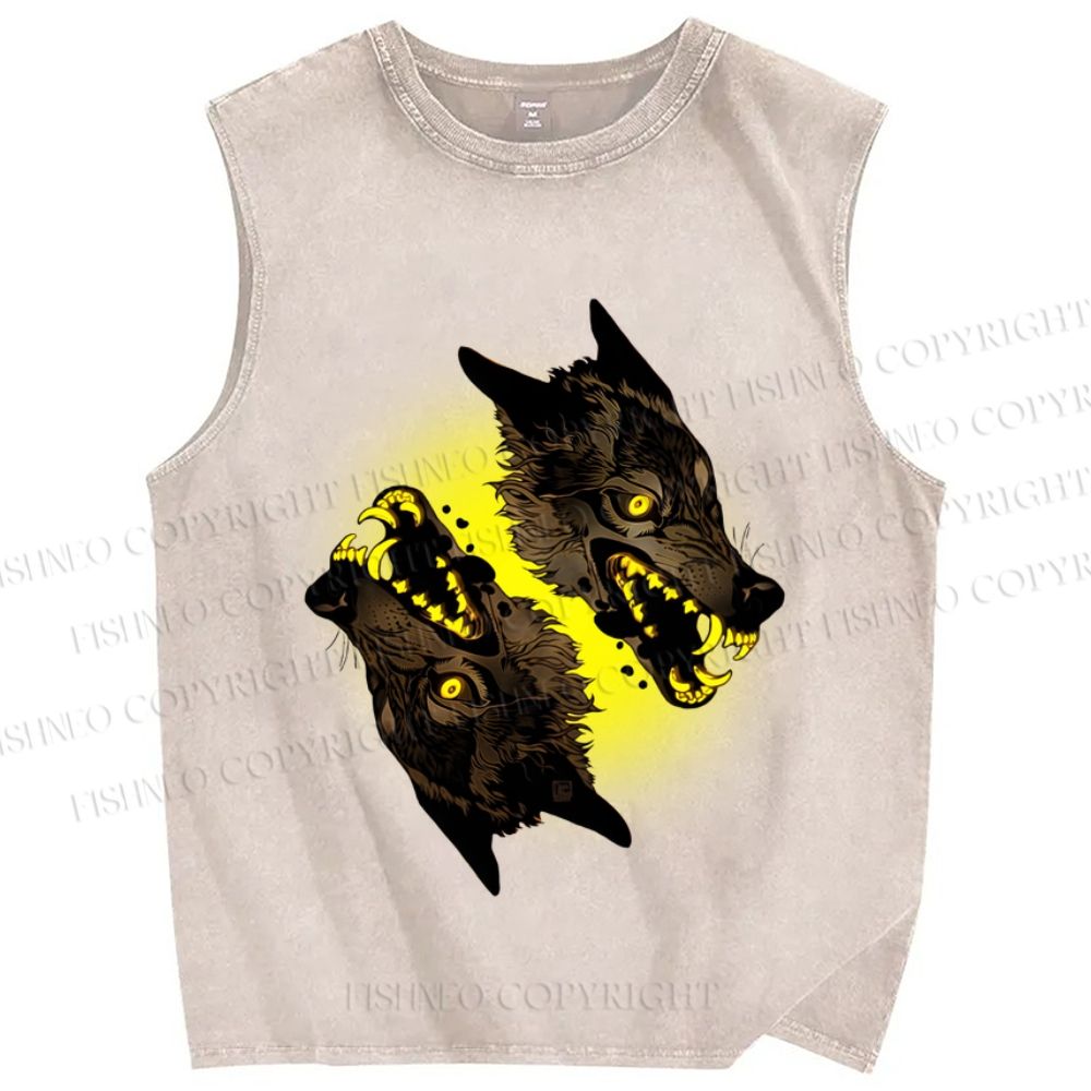 Unisex Golden Light Wolf Printed Washed Tank Top