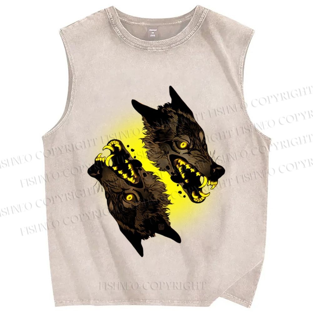 Unisex Golden Light Wolf Printed Washed Tank Top
