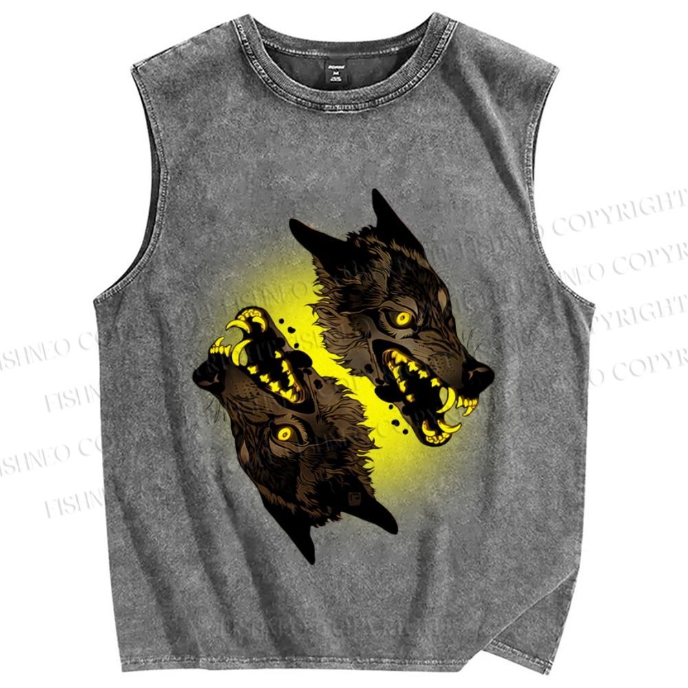 Unisex Golden Light Wolf Printed Washed Tank Top