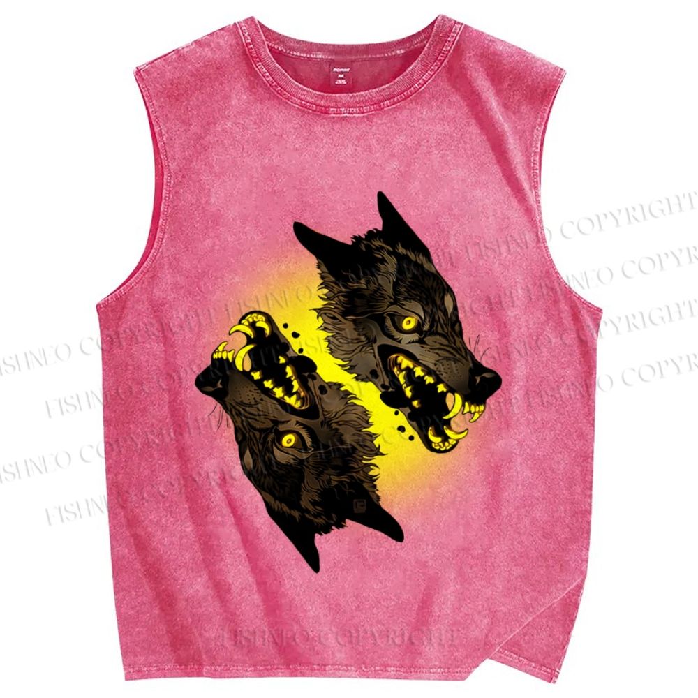 Unisex Golden Light Wolf Printed Washed Tank Top