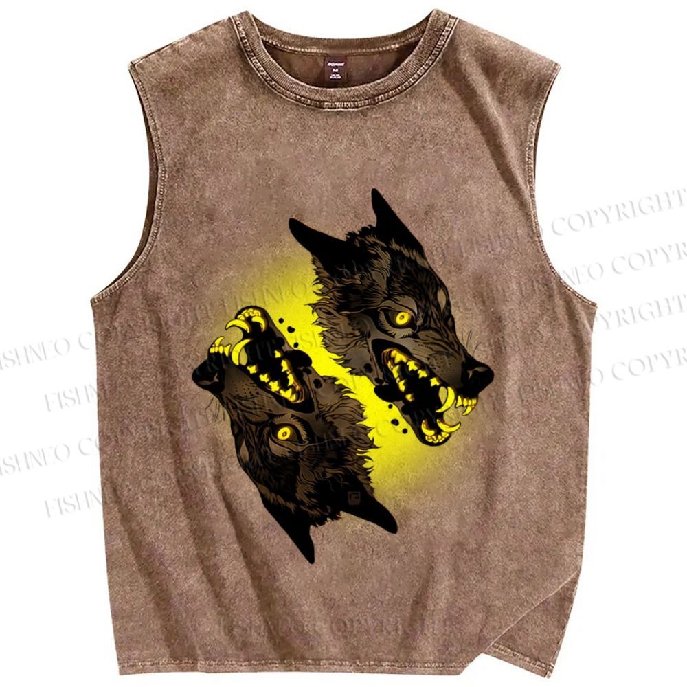 Unisex Golden Light Wolf Printed Washed Tank Top