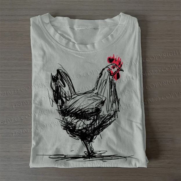 Casual Minimalist Rooster Printed Cotton T-Shirt