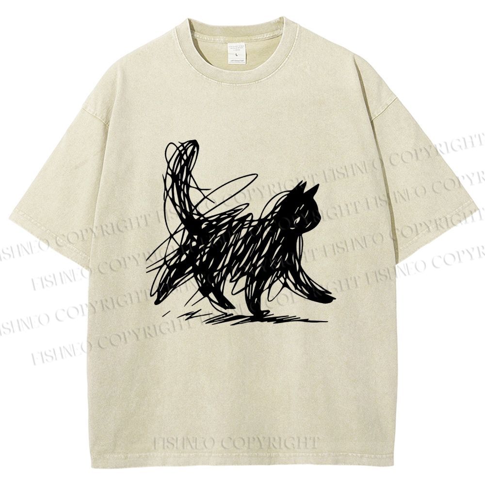 Unisex Minimalist Cat Printed Washed Tee