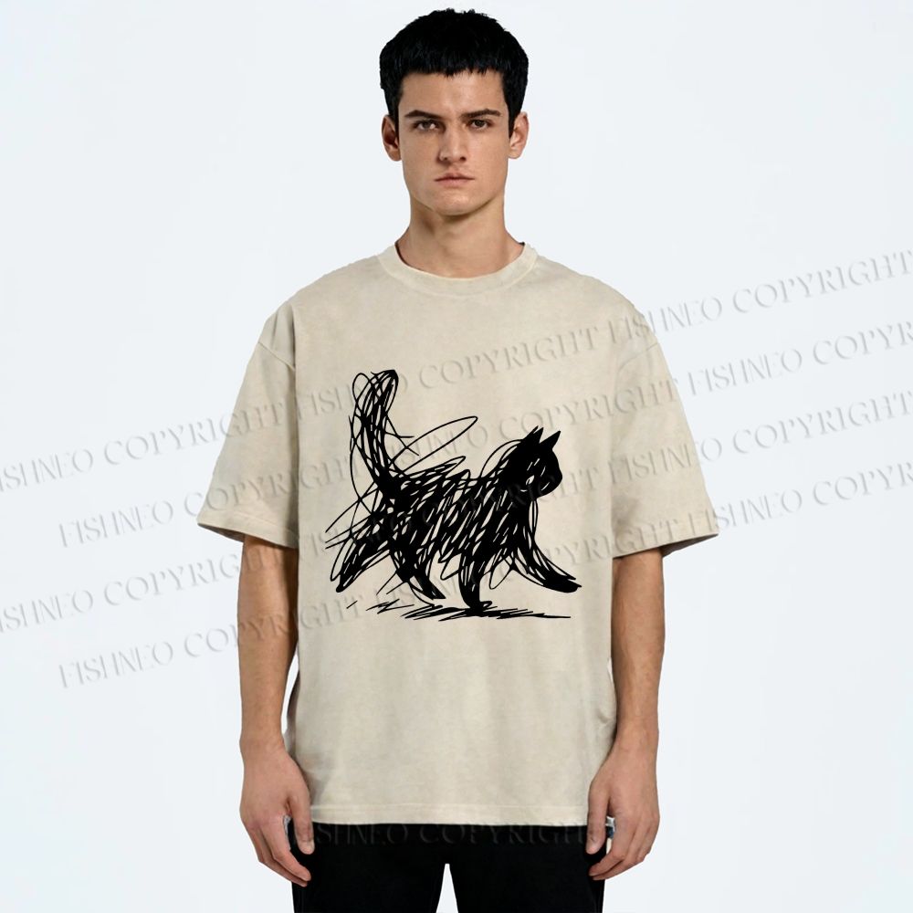 Unisex Minimalist Cat Printed Washed Tee
