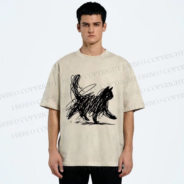 Unisex Minimalist Cat Printed Washed Tee