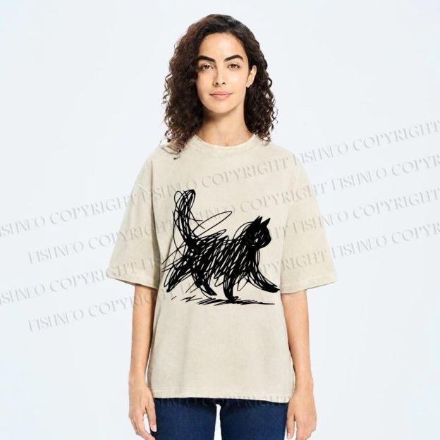 Unisex Minimalist Cat Printed Washed Tee