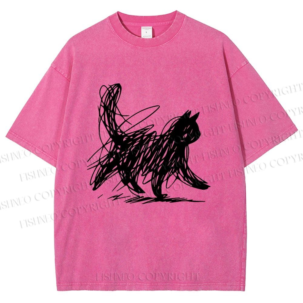 Unisex Minimalist Cat Printed Washed Tee