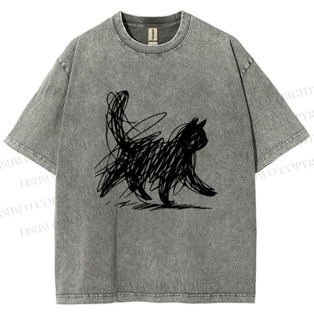 Unisex Minimalist Cat Printed Washed Tee