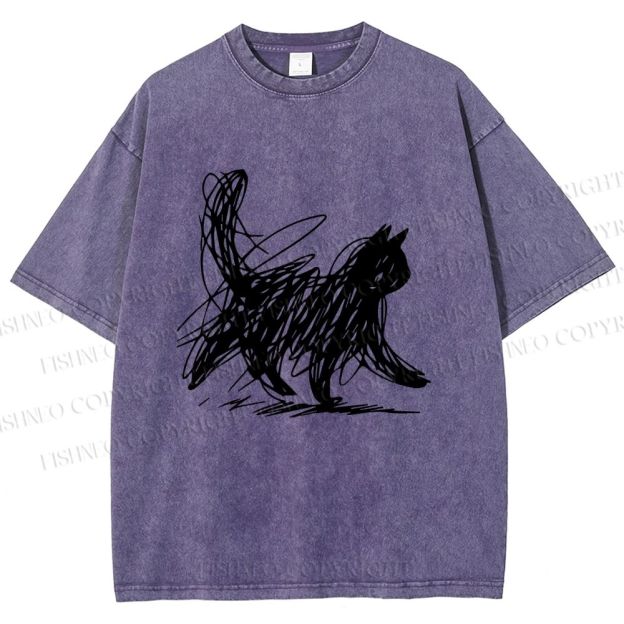 Unisex Minimalist Cat Printed Washed Tee