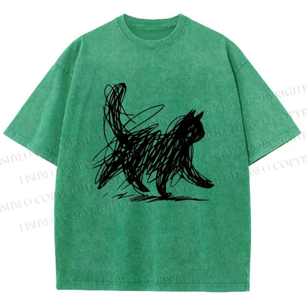 Unisex Minimalist Cat Printed Washed Tee