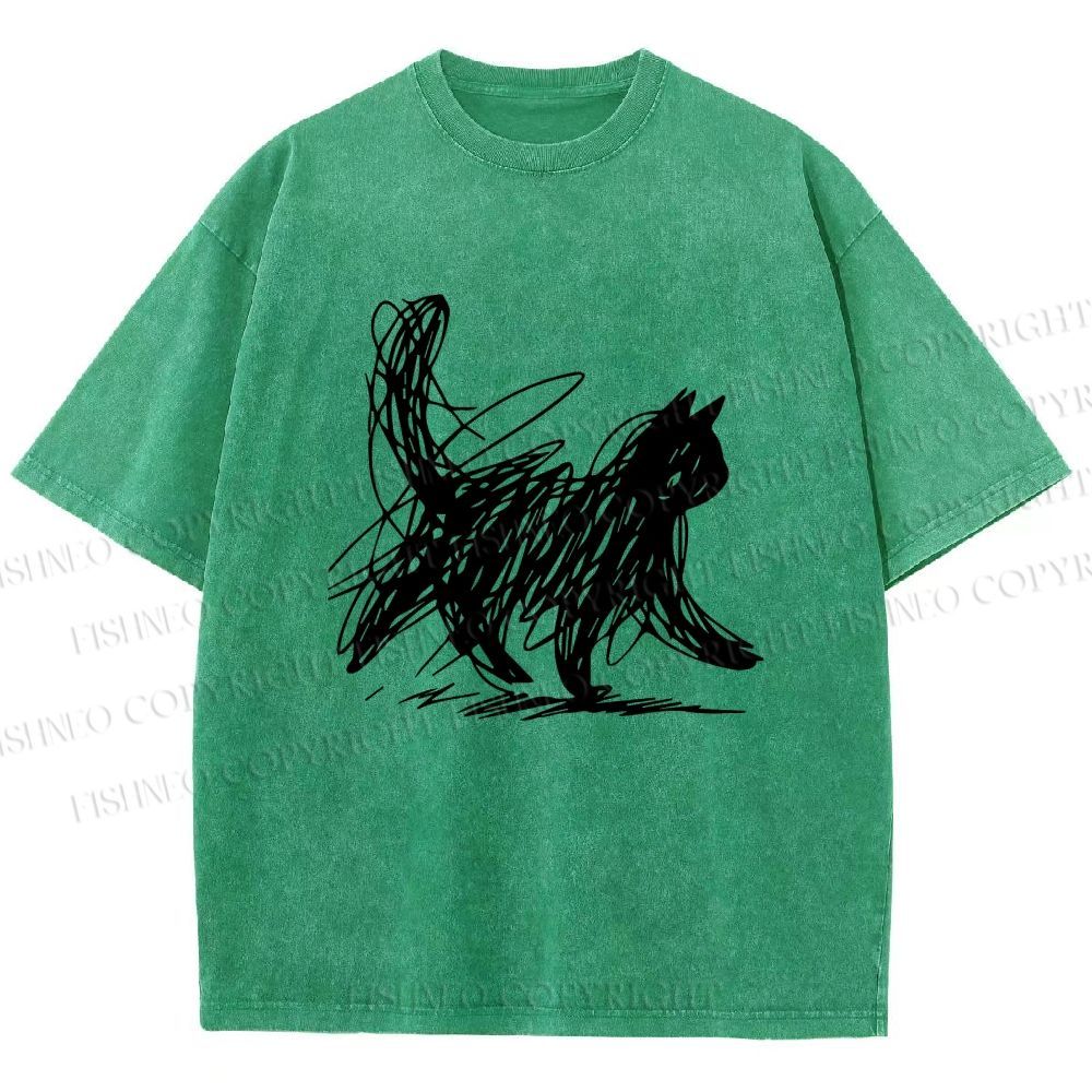 Unisex Minimalist Cat Printed Washed Tee