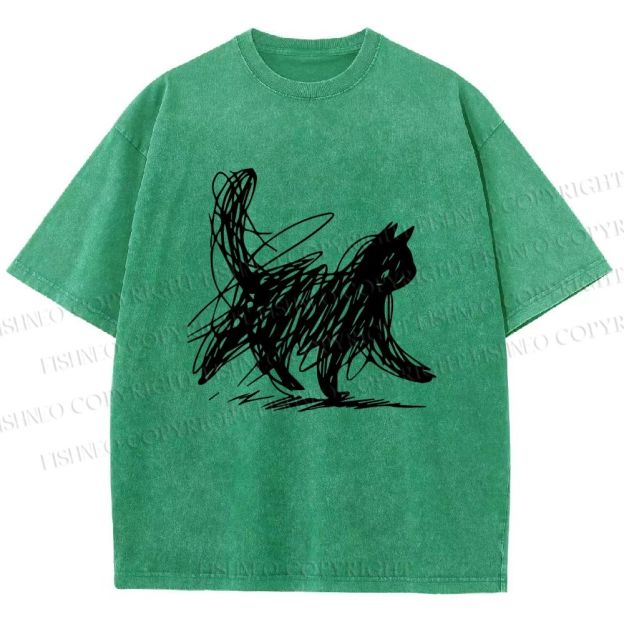 Unisex Minimalist Cat Printed Washed Tee