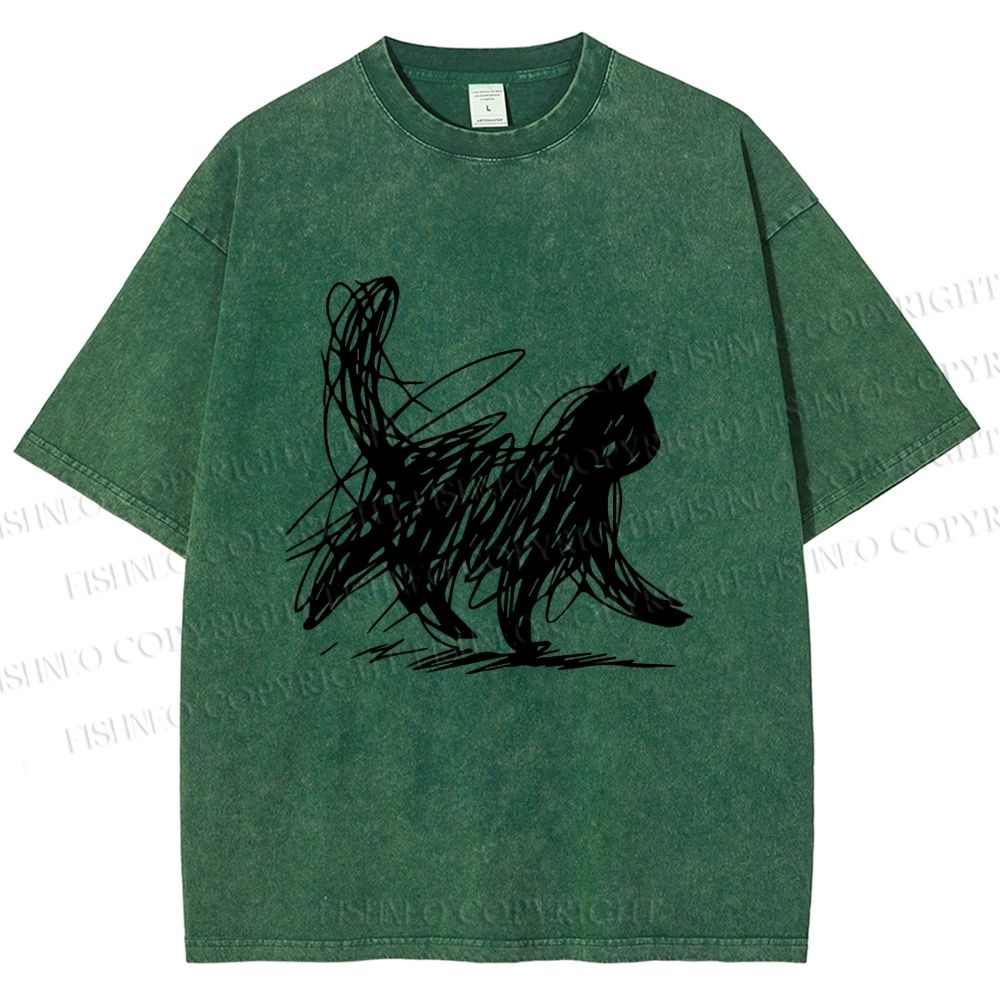 Unisex Minimalist Cat Printed Washed Tee