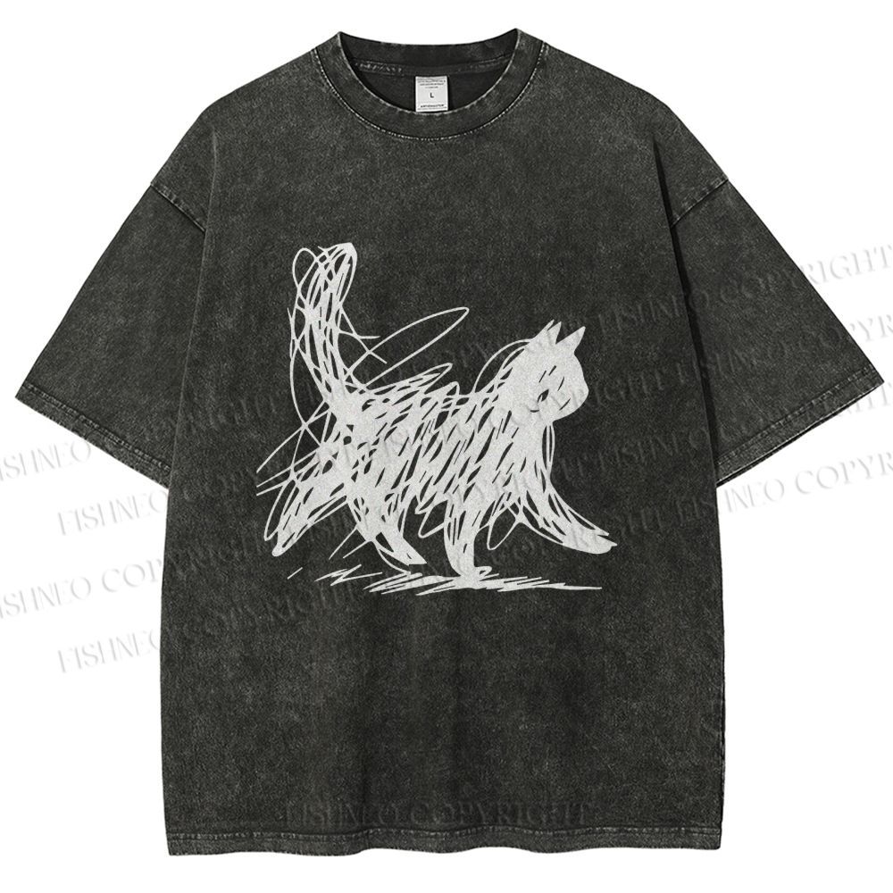 Unisex Minimalist Cat Printed Washed Tee
