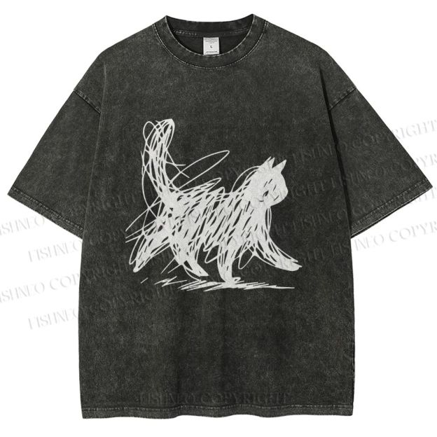 Unisex Minimalist Cat Printed Washed Tee