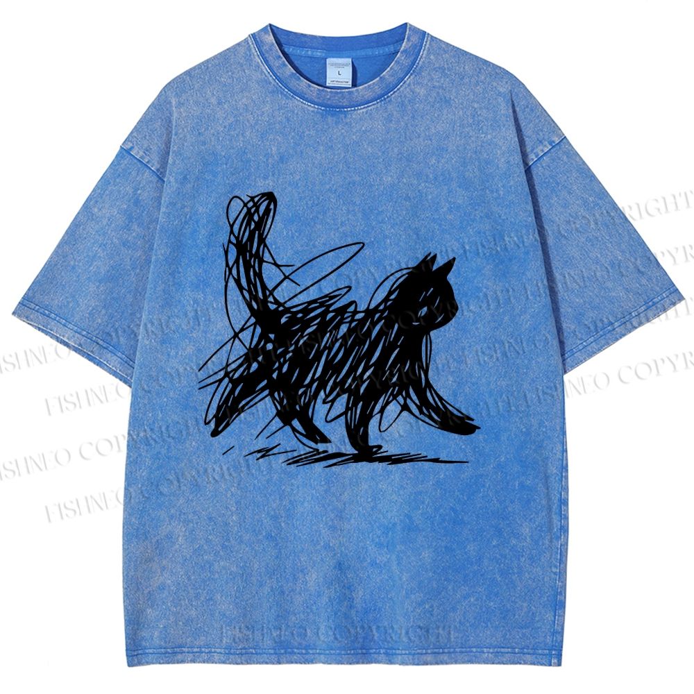 Unisex Minimalist Cat Printed Washed Tee