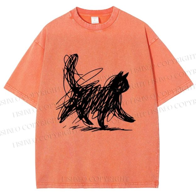 Unisex Minimalist Cat Printed Washed Tee