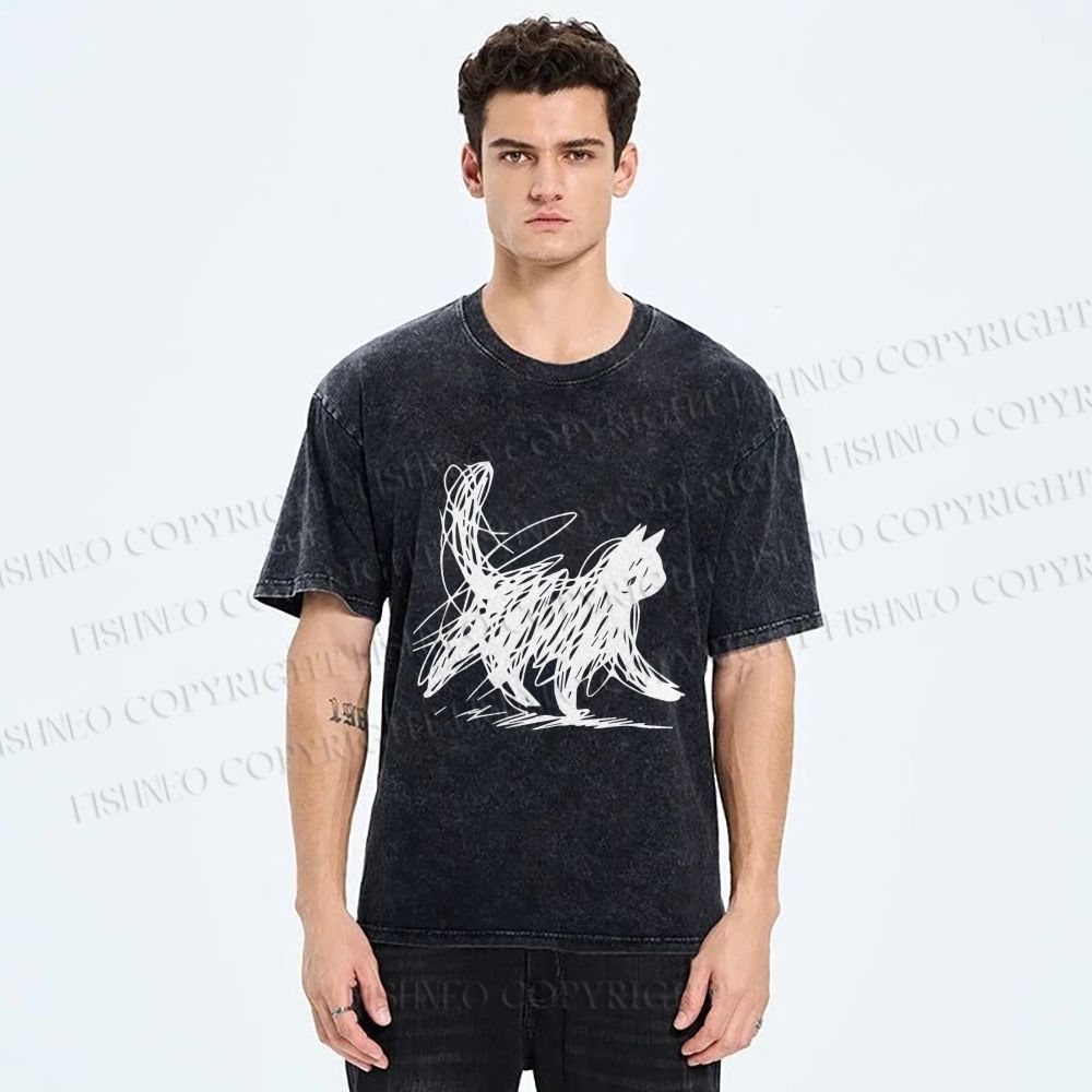 Unisex Minimalist Cat Printed Washed Tee