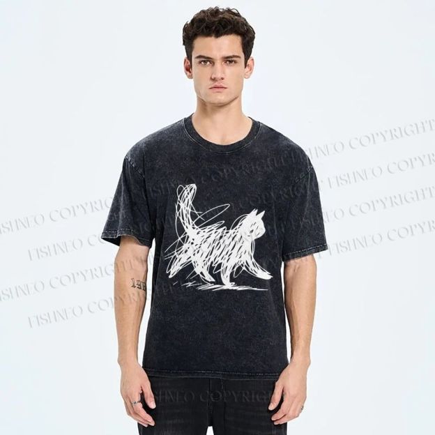 Unisex Minimalist Cat Printed Washed Tee