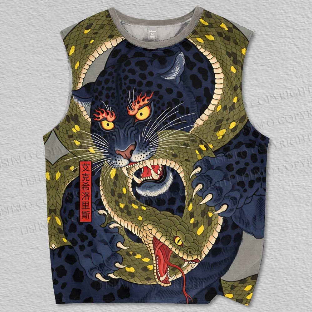Unisex Blue Panther vs Snake Japanese Ukiyo-e Printed Tank Top