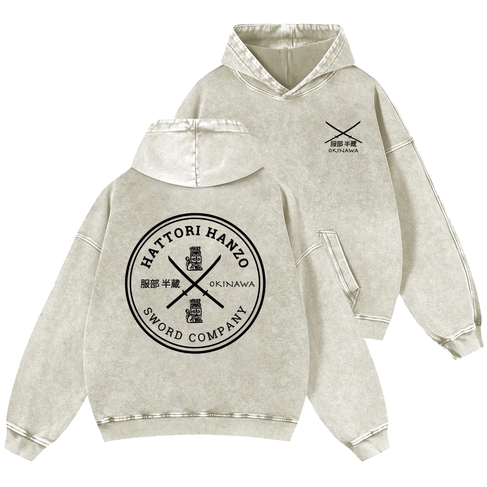 Hattori Hanzo Komainu Okinawa Sword Company Vintage Washed Cotton Back Art Hoodie