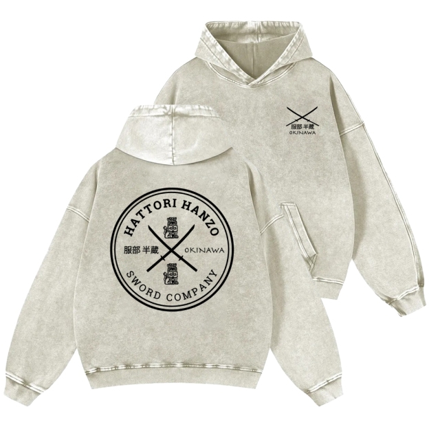 Hattori Hanzo Komainu Okinawa Sword Company Vintage Washed Cotton Back Art Hoodie