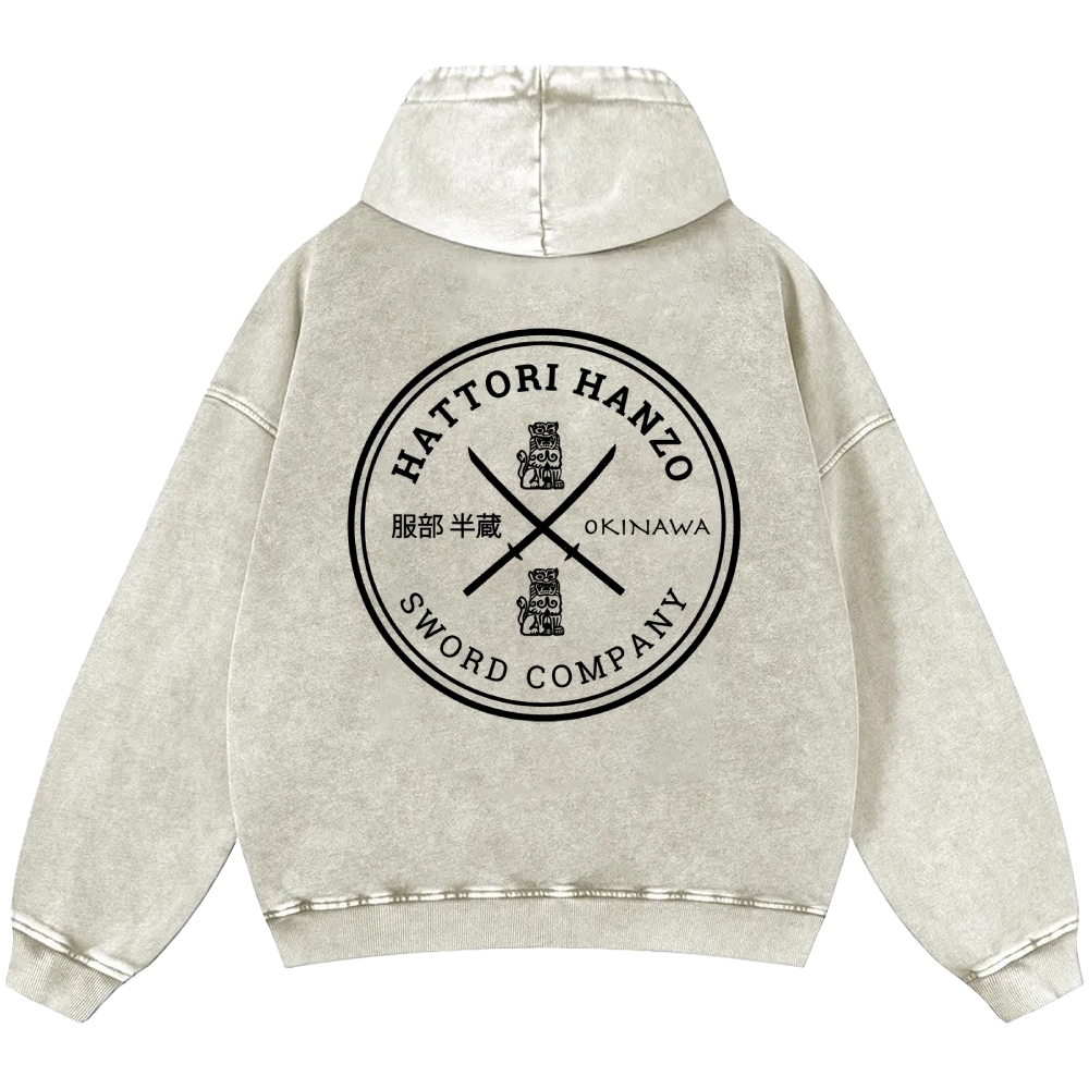 Hattori Hanzo Komainu Okinawa Sword Company Vintage Washed Cotton Back Art Hoodie
