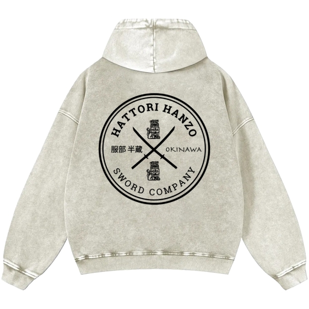 Hattori Hanzo Komainu Okinawa Sword Company Vintage Washed Cotton Back Art Hoodie