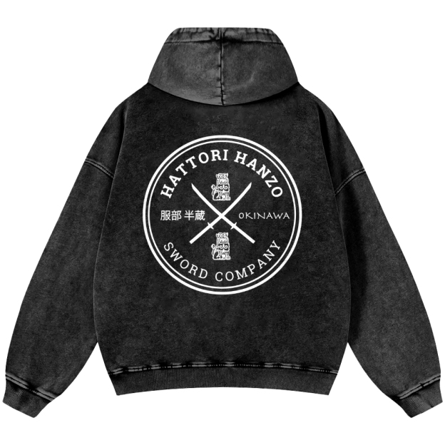 Hattori Hanzo Komainu Okinawa Sword Company Vintage Washed Cotton Back Art Hoodie