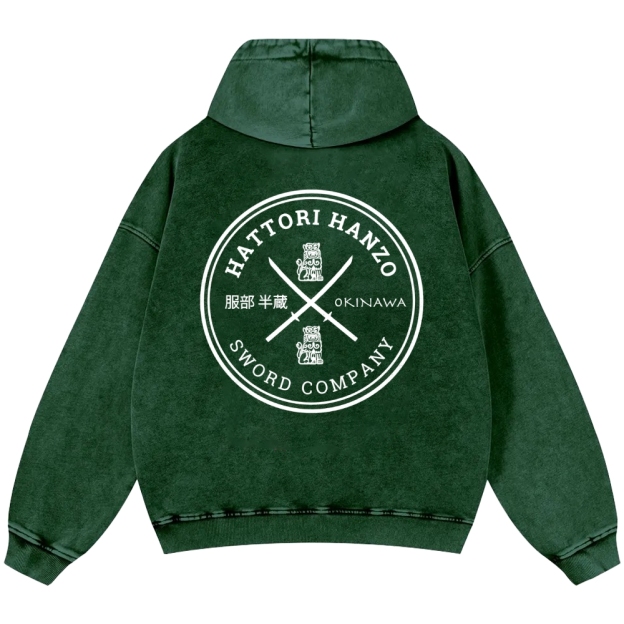Hattori Hanzo Komainu Okinawa Sword Company Vintage Washed Cotton Back Art Hoodie