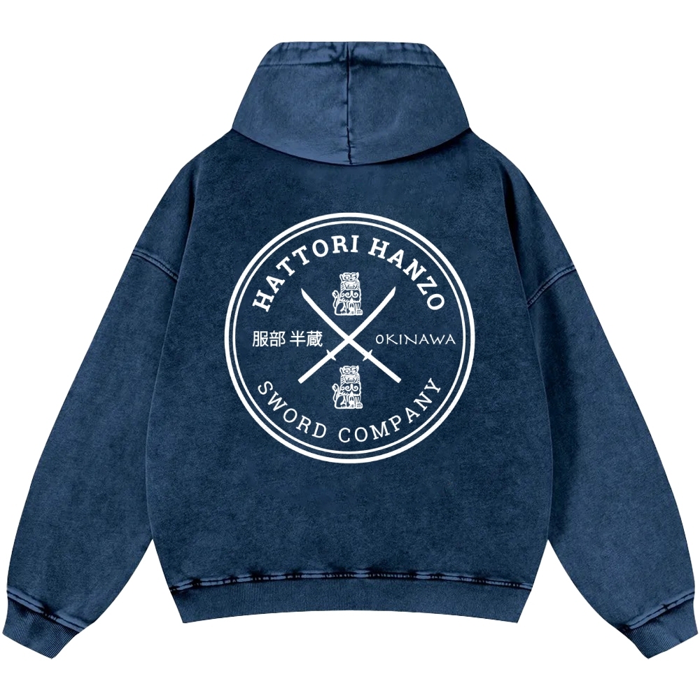 Hattori Hanzo Komainu Okinawa Sword Company Vintage Washed Cotton Back Art Hoodie