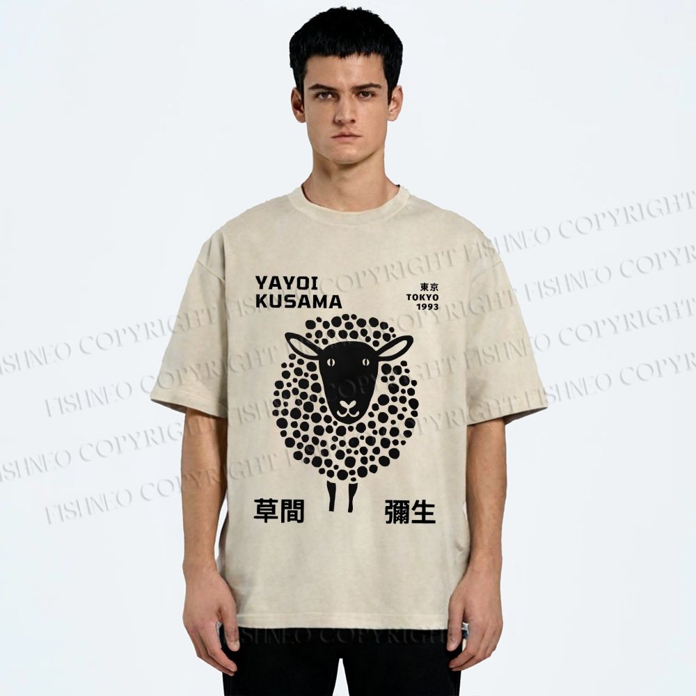 Unisex Yayoi Kusama Black Sheep Printed Washed Tee