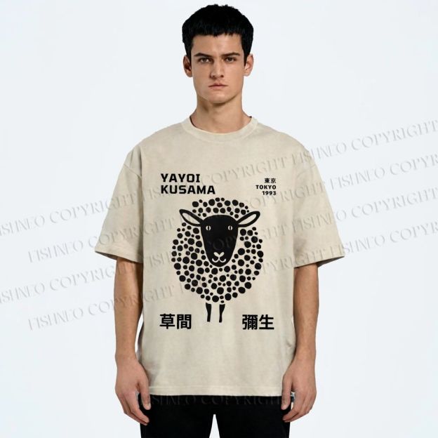 Unisex Yayoi Kusama Black Sheep Printed Washed Tee