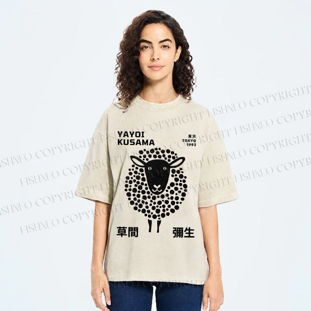 Unisex Yayoi Kusama Black Sheep Printed Washed Tee